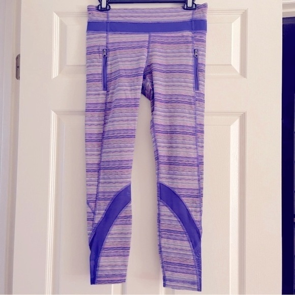 Lululemon Mid Rise Athletic Performance Leggings Stripes Purple Lavender Size 8 - Picture 1 of 15